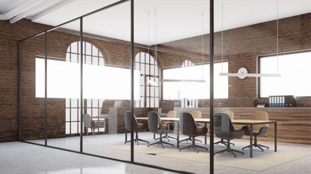 Modern conference room with brick walls, glass dividers, long wooden table, and black chairs. Large windows provide light.