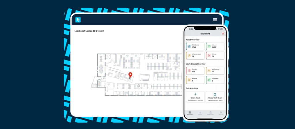 The OfficeSpace Assets Platform showing a mobile device with an overview of assets and a floor plan preview showing the asset's location