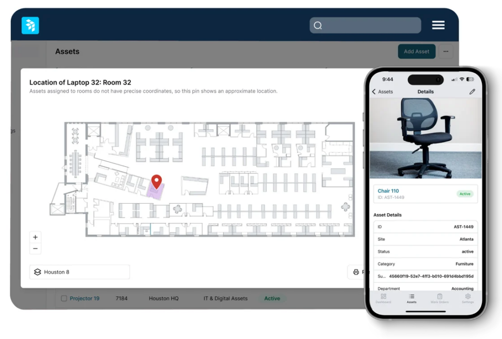 OfficeSpace assets showing a floor plan with a pin showing the location of an asset and a mobile device with the details of an office chair