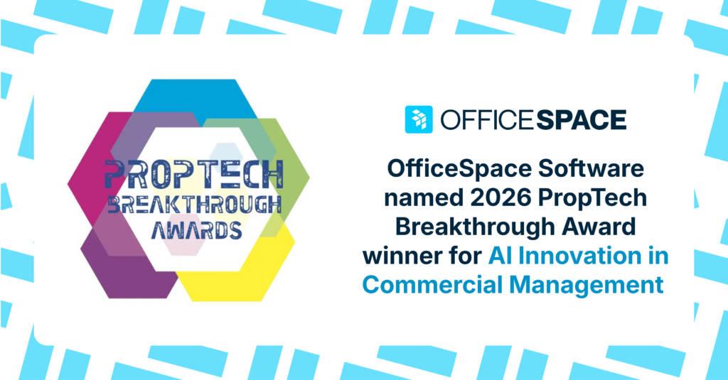 Logo and text announcing OfficeSpace Software as the 2026 PropTech Breakthrough Award winner for AI Innovation in Commercial Management, with geometric shapes in blue, purple, and yellow.