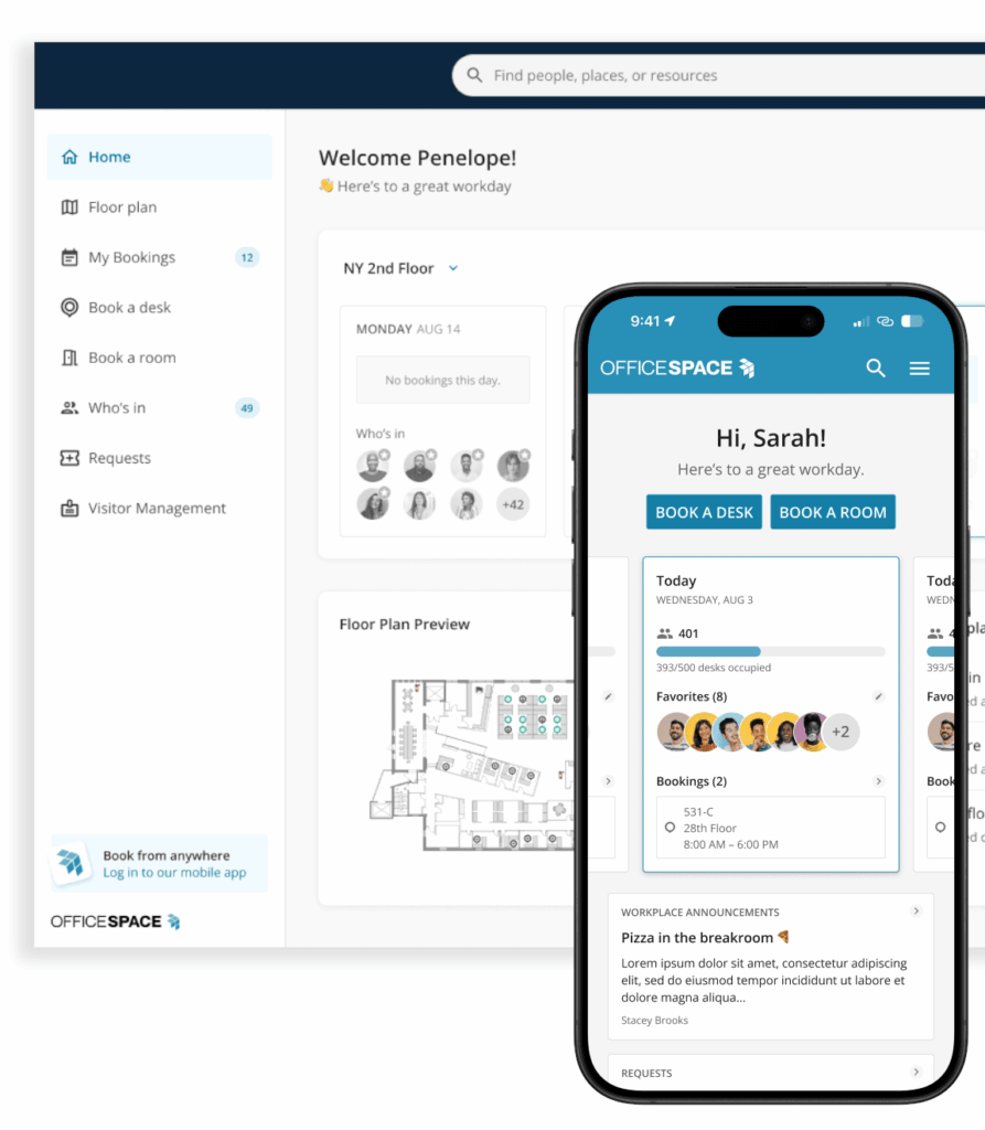 A screenshot of the officespace platform on mobile and desktop showing how employees book a room and desk