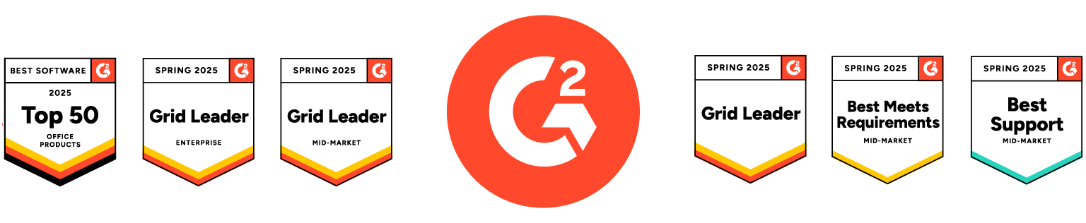 G2 Badges- with G2 logo- Spring 2025 Spring 2025 G2 Leader- Top 50 Office Products 2025