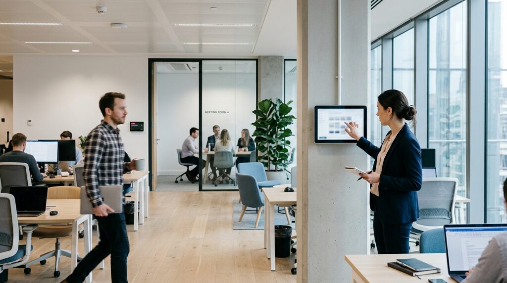 A woman using a wall-mounted touchscreen in a bright office illustrates universal design in the workplace, as a man walks past with a laptop and others work at desks in the background.
