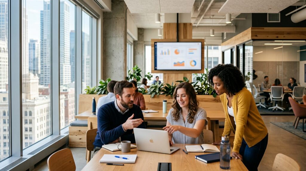 Three people collaborate at a desk in a modern office, looking at a laptop as they discuss ways to use AI at work. Large windows show a cityscape, and charts are displayed on a screen in the background. Notebooks and a water bottle are on the table.