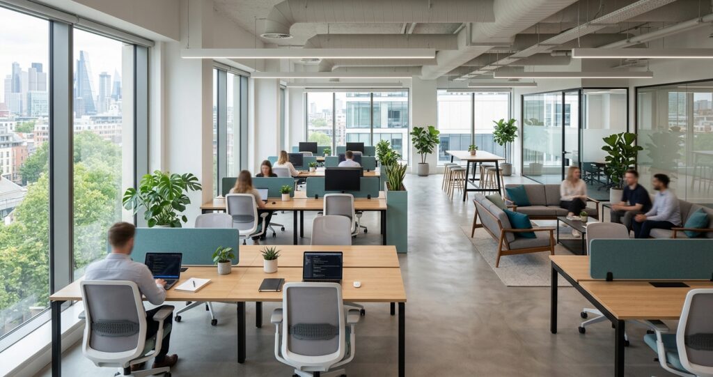 Modern open-plan office with large windows, several people working at desks, and a group chatting in a lounge area. Thoughtful workspace planning is evident in the arrangement of green plants and city views, creating a bright, collaborative atmosphere.