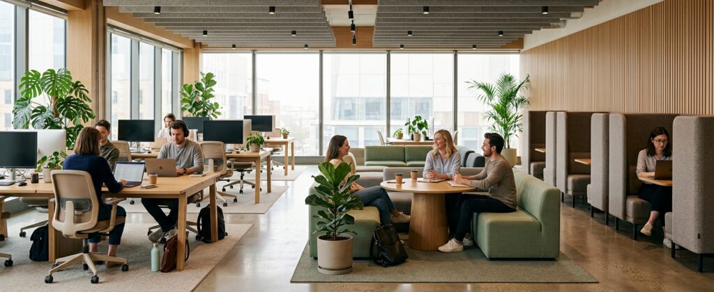 People working at desks and in booth seating inside a bright, open-plan office.