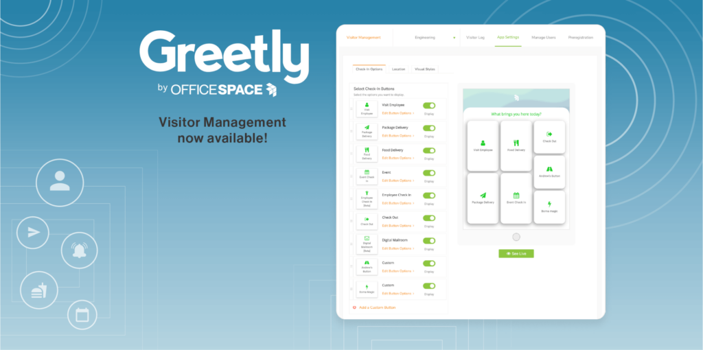 Greetly visitor management interface on a blue gradient background, displaying a digital check-in screen.