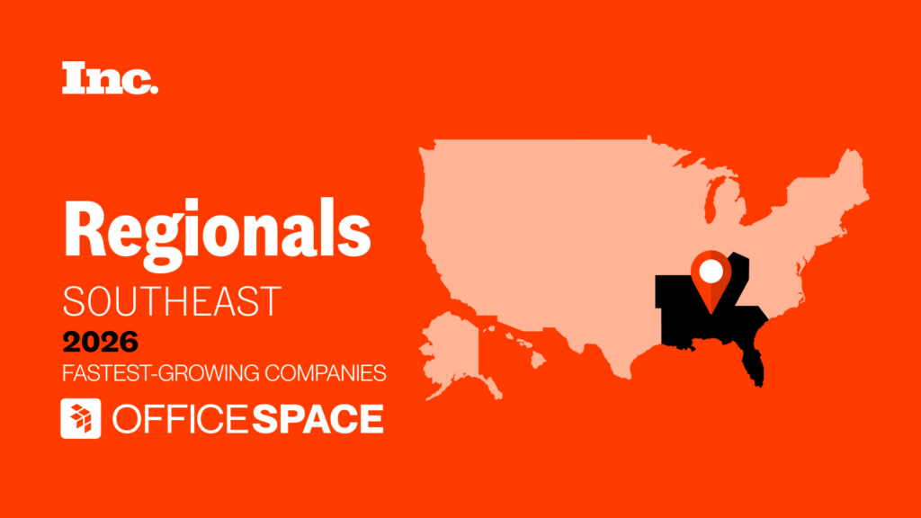 Inc. Regionals Southeast 2026 Fastest-Growing Companies award badge featuring OfficeSpace, with a US map highlighting the Southeast region in black with a location pin.