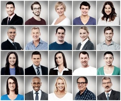 Grid of diverse people smiling in individual photo squares.