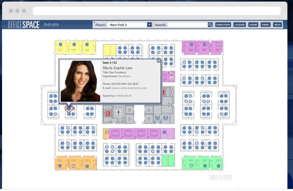 Office floor plan on a computer screen with a popup showing an employee's profile and seating information.