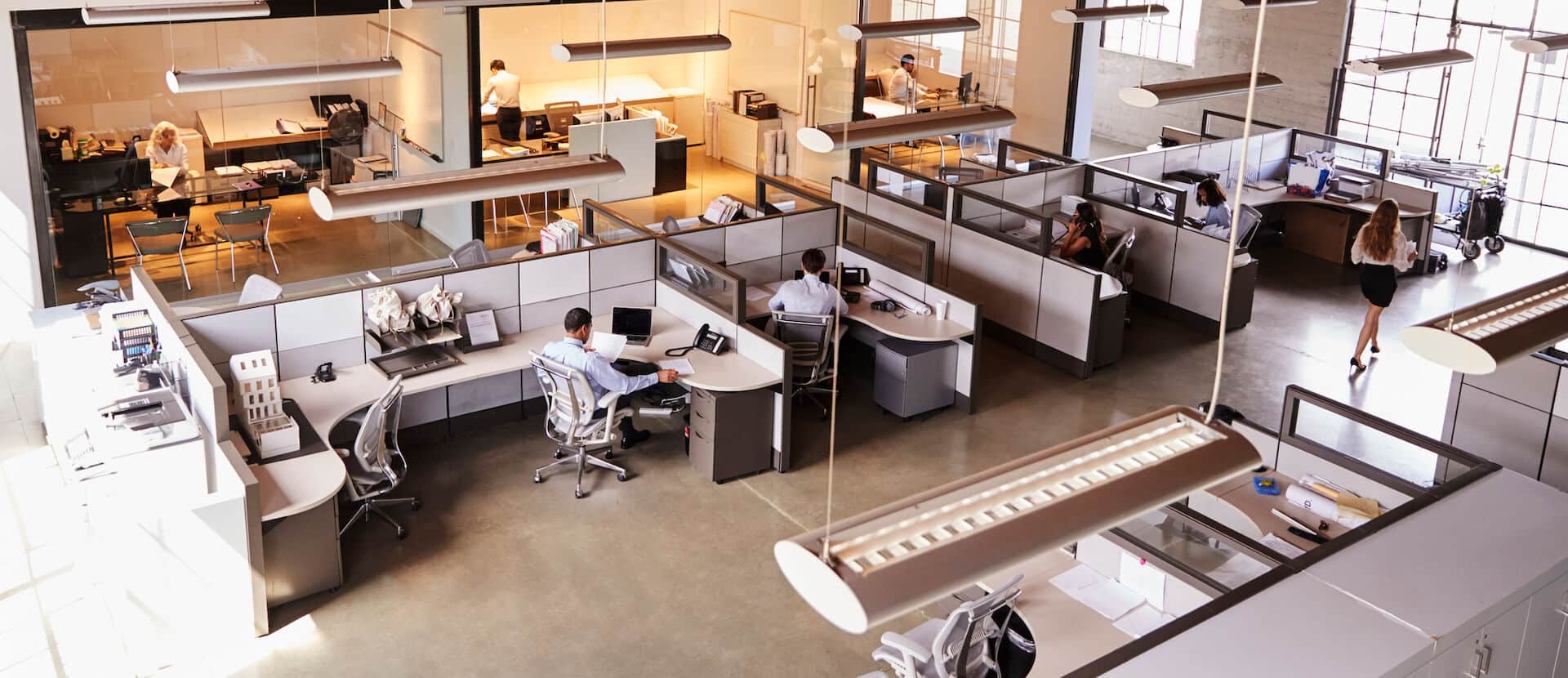 Modern office with cubicles, people working at desks, bright lighting, and large windows.