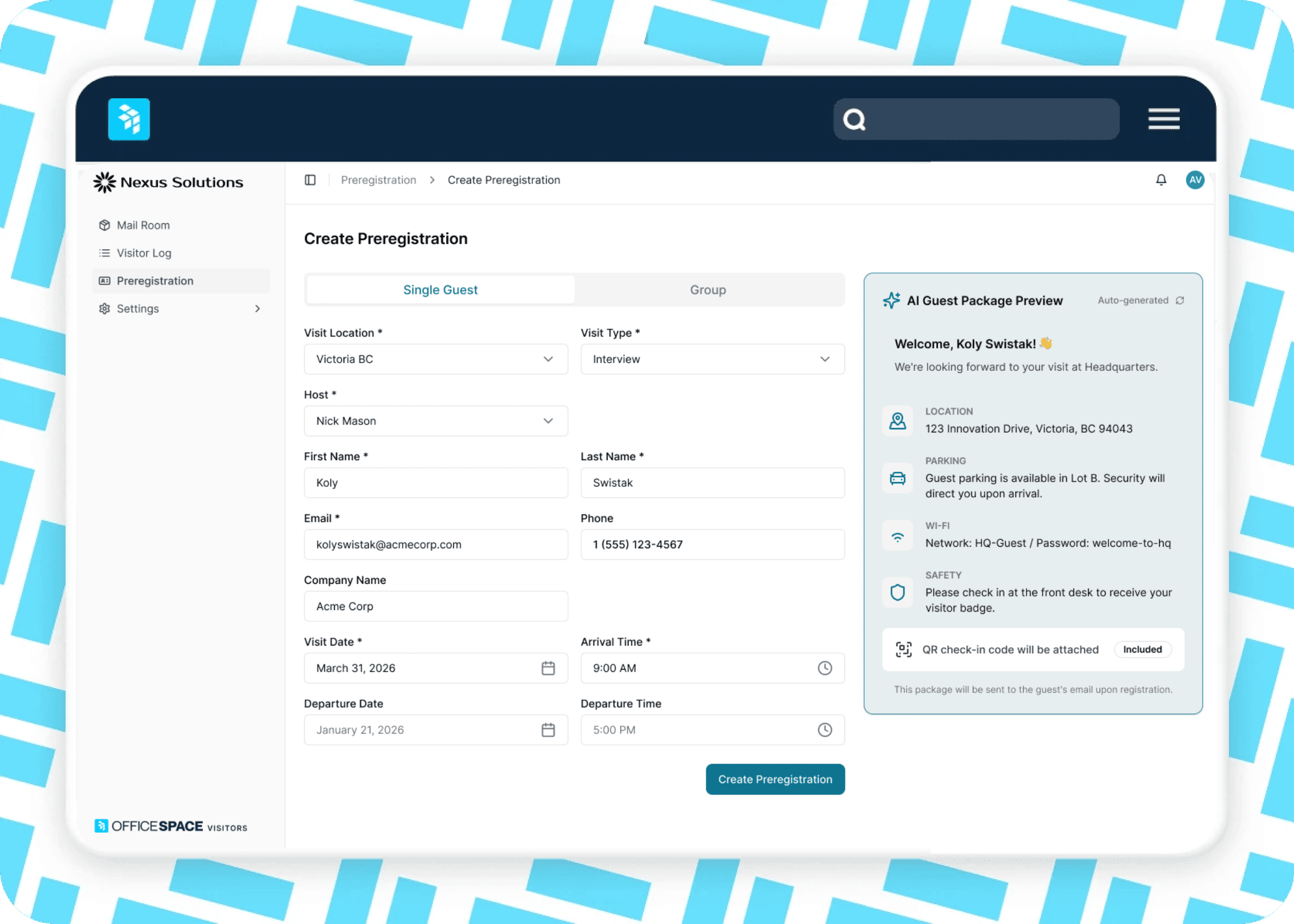 A screenshot of the OfficeSpace platform showcasing the AI guest package preview as part of the AI Visitor Experience Agent