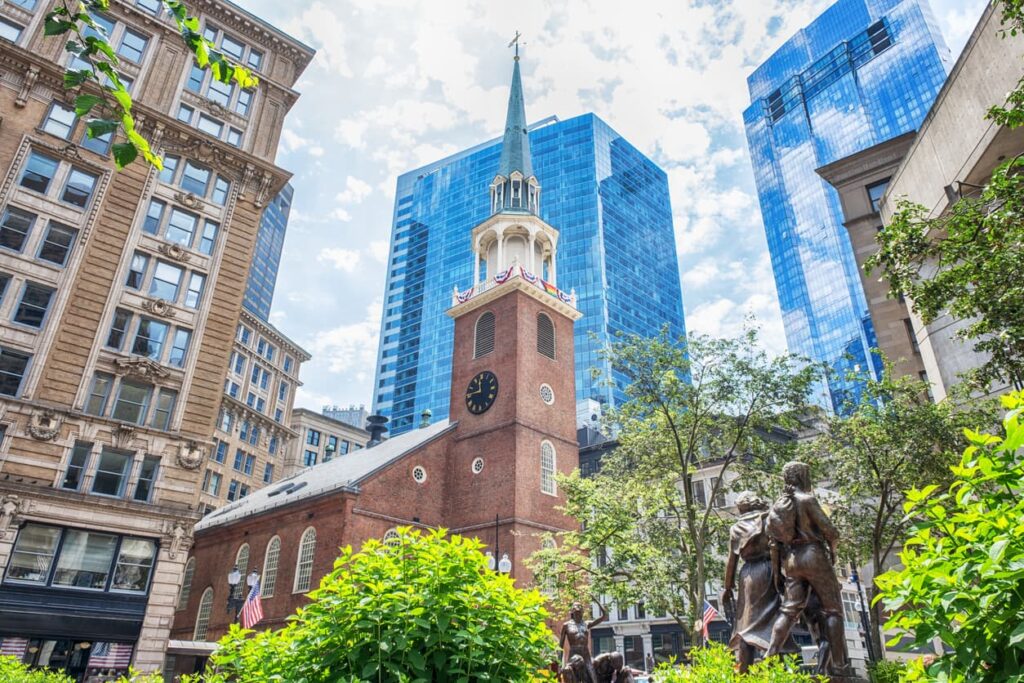 The historic Old South Meeting House in Downtown Crossing area of Boston, set among modern architecture