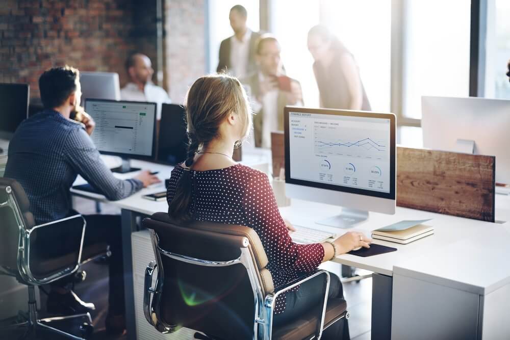 Business people analyzing reports on computer