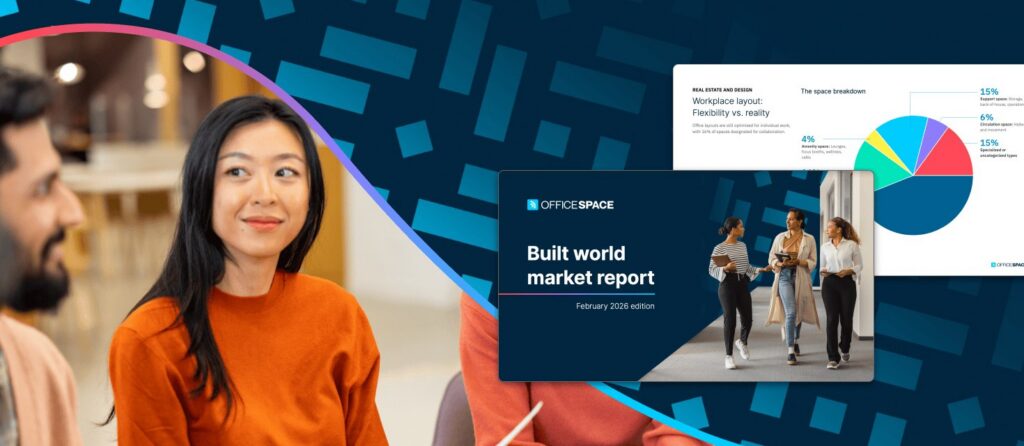 A chart with space breakdowns by type in offices and the cover of a quarterly market report from OfficeSpace