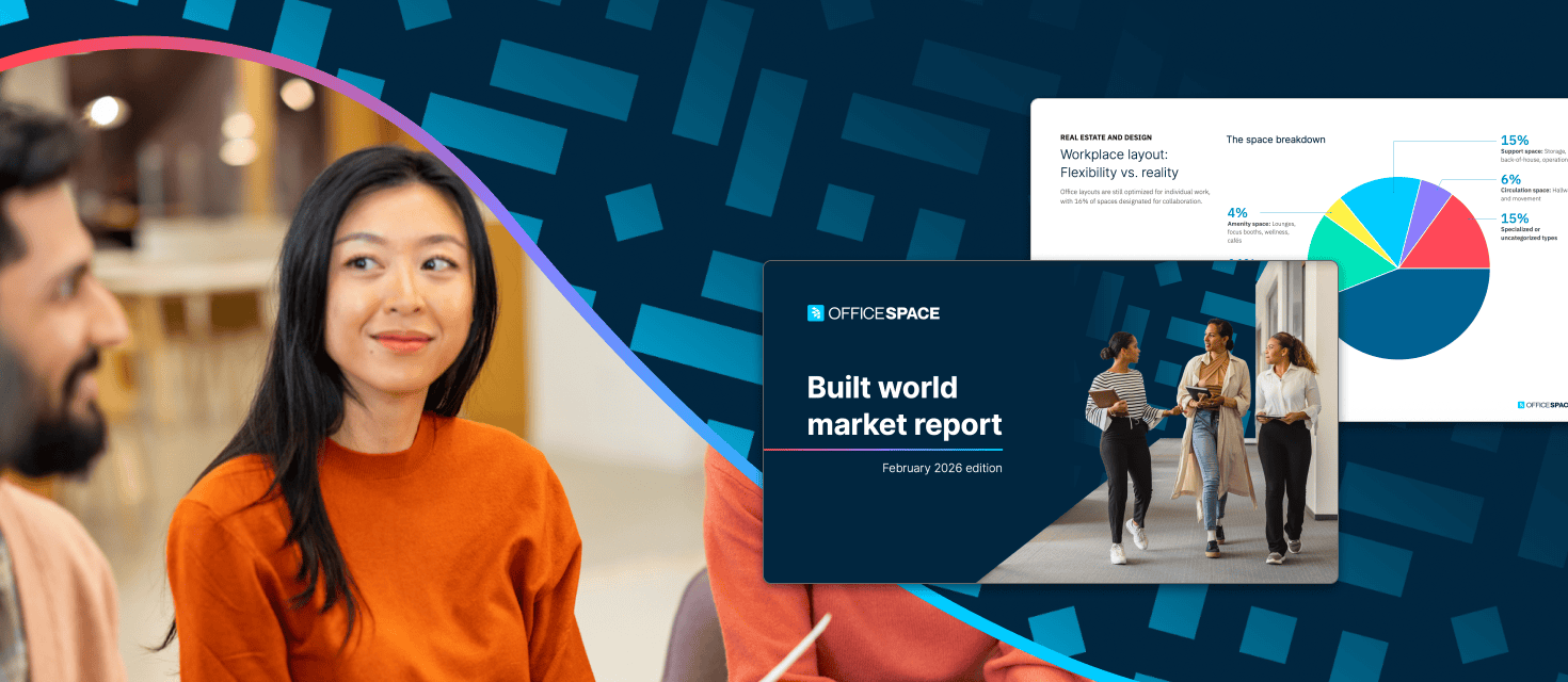 a chart with space breakdowns by type in offices and the cover of a quarterly market report from OfficeSpace