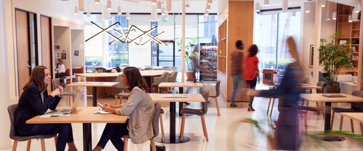 Modern office with people sitting at tables, having discussions—some even engaged in hybrid workplace platform comparison as part of their collaboration. Others walk or ride a bike through the space. Large windows, wooden accents, and shelves create a bright, open, and collaborative atmosphere.