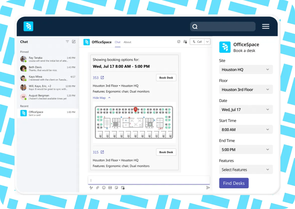 A computer screen shows a desk booking system with office floor plans, available desks, and booking details for Houston HQ on July 17. The right panel allows users to filter options and find desks.