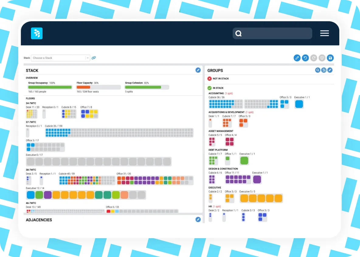 A computer screen displays a colorful, grid-based dashboard with multiple blocks, progress bars, and groupings, likely representing data organization or project management software.