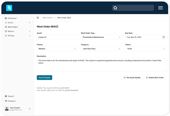 A computer screen displays a work order form for preventative maintenance, showing fields for asset, priority, assignee, status, and due date. Buttons for saving, viewing asset details, and deleting are visible.