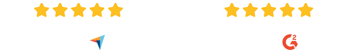 Two sets of five gold stars with ratings: 4.9 on Capterra (left) and 4.8 on G2 (right), each above their respective logos and the words Reviews on.