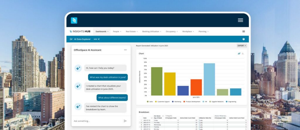 Ask the OfficeSpace Insights agent questions about your portfolio in a chat, and get reports like utilization by department.
