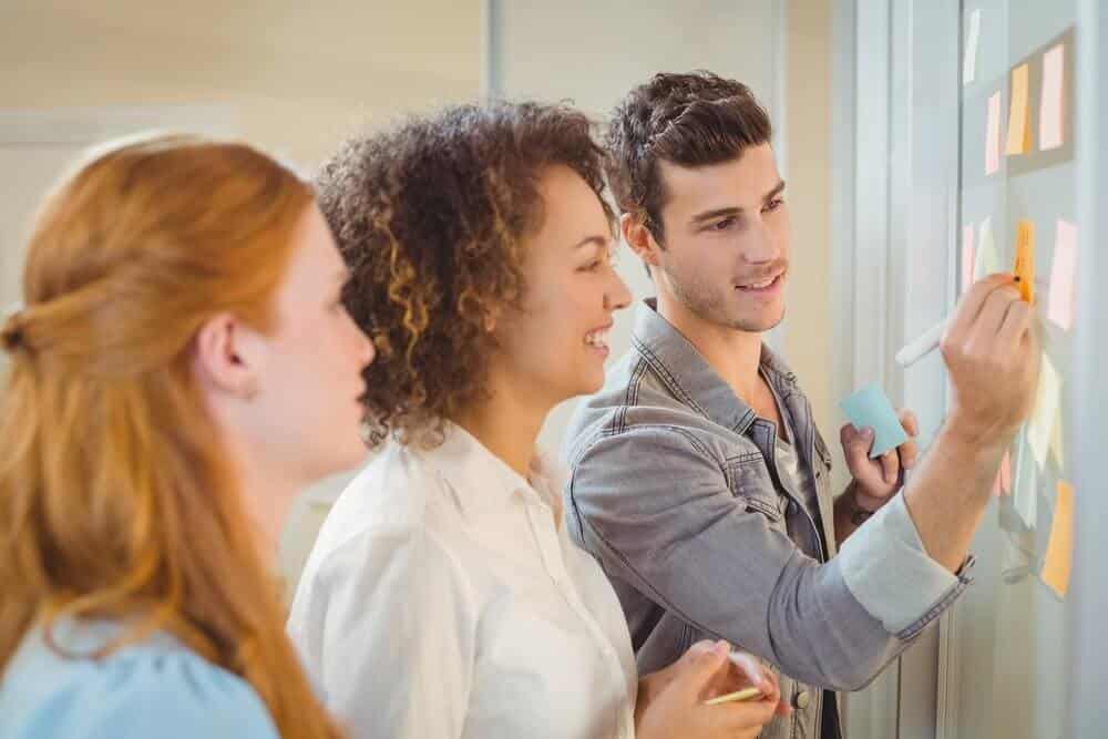 employees using the glass wall during a meeting