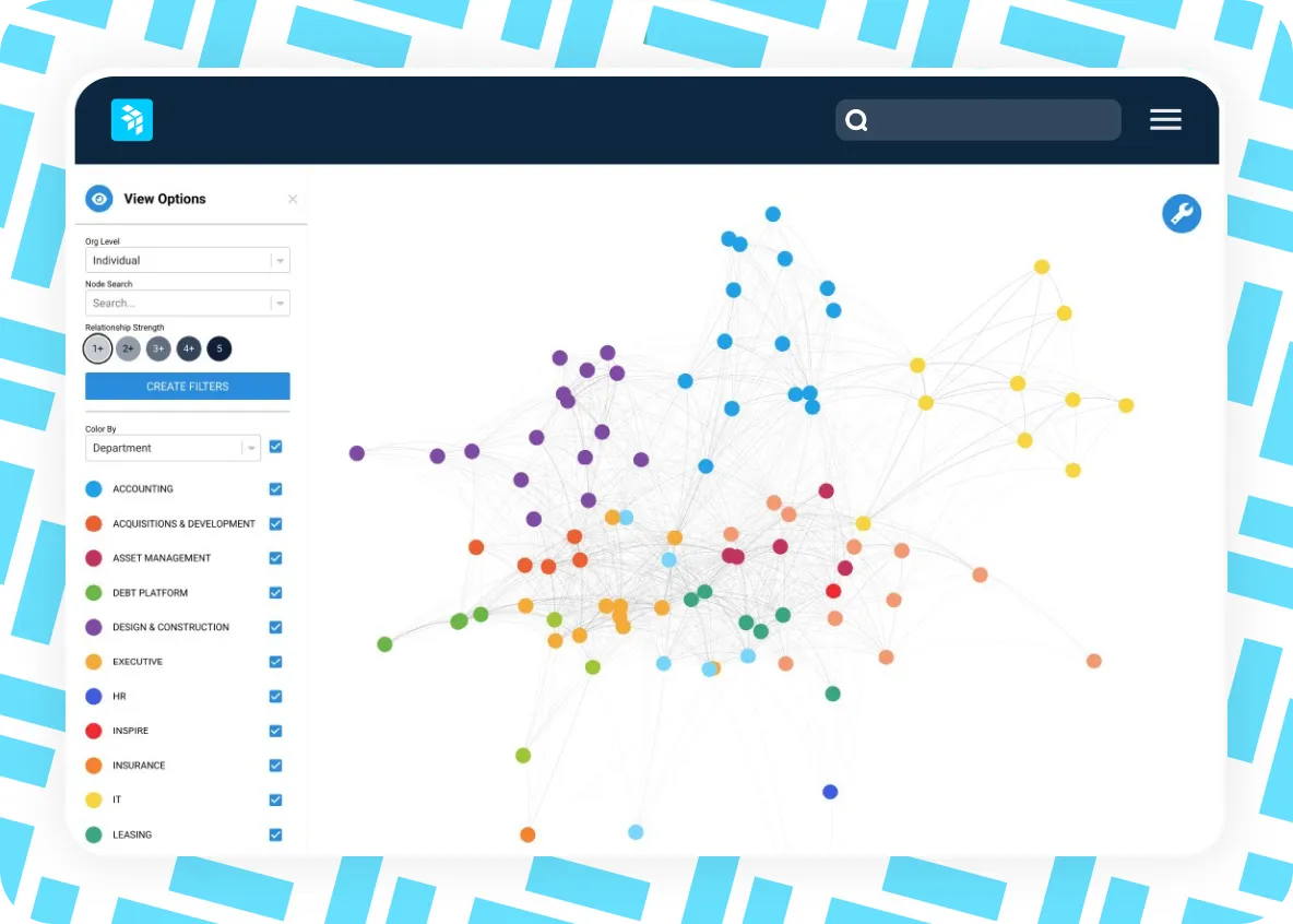 A network graph with multicolored nodes and connections is displayed on a web interface. Filter options appear on the left side, and the background features a blue geometric pattern.
