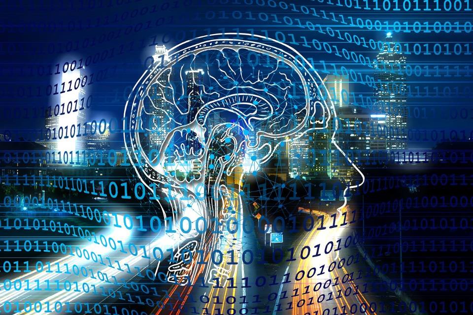 A digital illustration of a human head and brain overlaid with binary code, set against a cityscape at night, symbolizing artificial intelligence, technology, and data integration.
