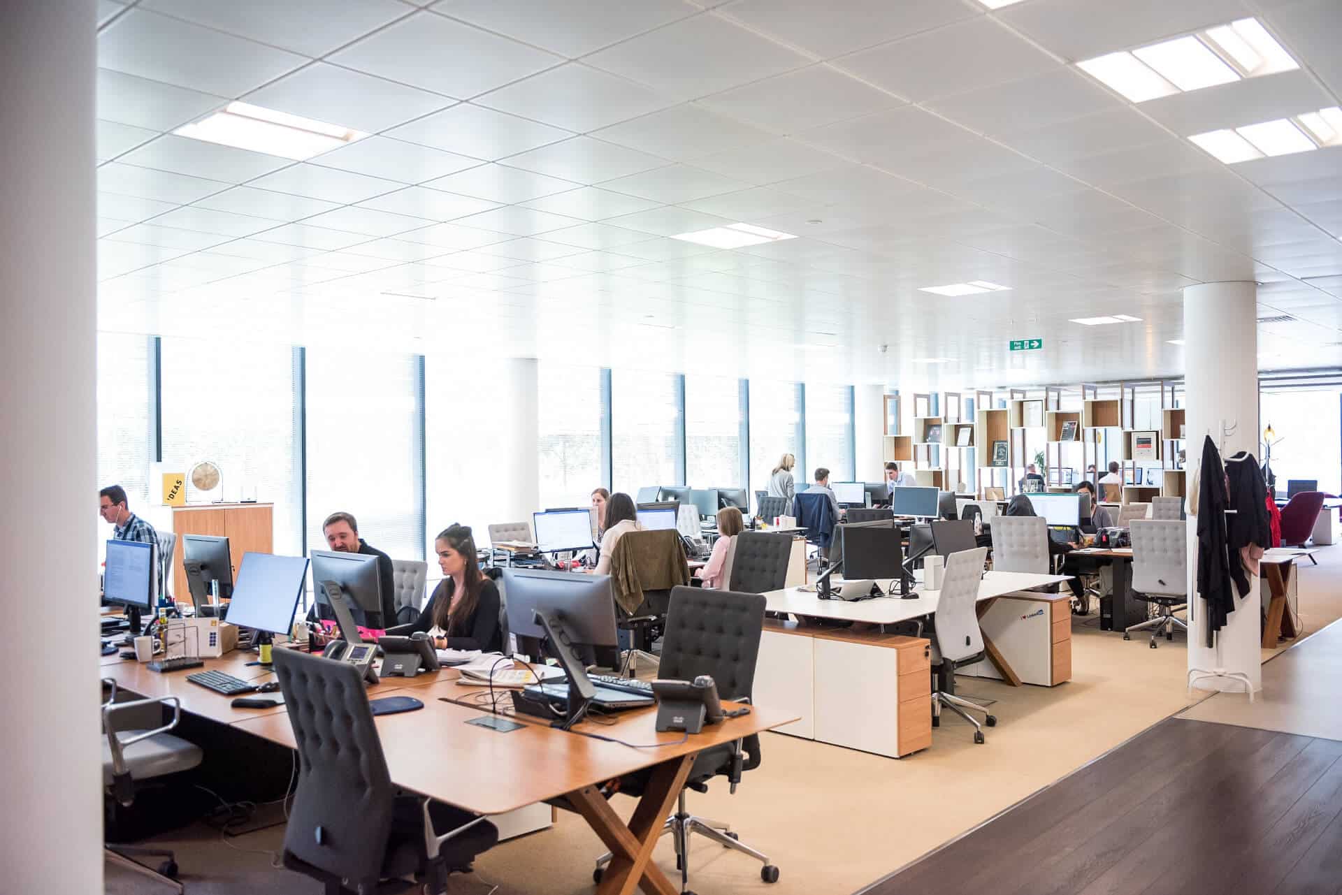 Open-plan office with people working at desks, computers, and large windows providing natural light.