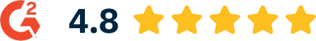 G2 logo next to a 4.8 rating and five yellow stars, indicating a high customer rating.