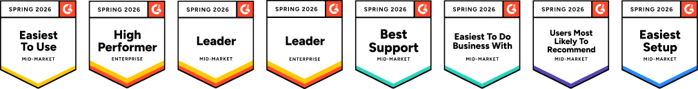 A row of seven G2 award badges for Spring 2026, each showing different achievements: Easiest To Use, High Performer, Leader (twice), Best Support, Easiest To Do Business With, Users Most Likely To Recommend, and Easiest Setup.