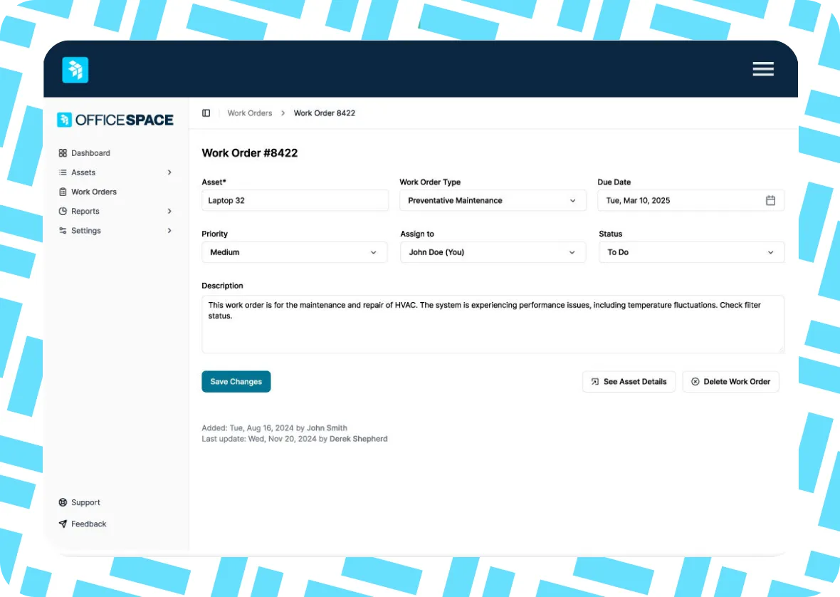 A computer screen displays a work order management interface for HVAC maintenance, showing work order details, priority, status, description, and action buttons. The background has a blue geometric pattern.