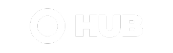 White text on a light gray background reads HUB with a circular ring symbol to the left of the word.