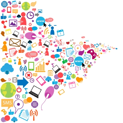 A colorful collage of digital and communication icons forming a dynamic wave shape on a white background.