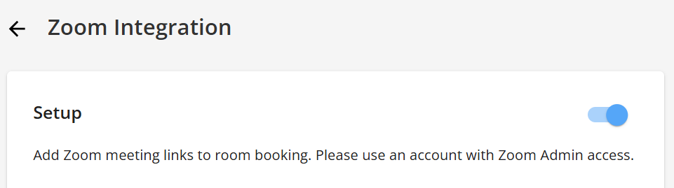 Toggle Setup on to add Zoom meeting links to room booking in OfficeSpace.
