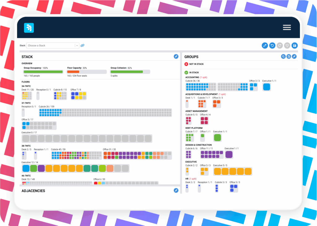 a product screenshot of the officespace platform showing restacks of floor plans with AI canvas