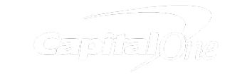 Capital One logo with the company name in white text and a curved swoosh above the word One, set against a light gray background.