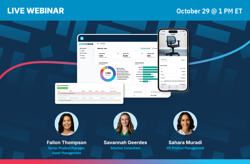 Webinar promo: asset management dashboard and mobile screens are shown. Fallon Thompson, Savannah Geerdes, and Sahara Muradi are featured speakers. Event is October 29 at 1 PM ET. Blue background with geometric pattern.