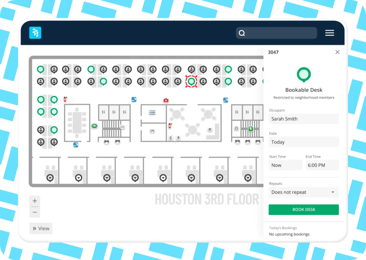 Floor plan of Houston 3rd floor with desks; a highlighted desk is selected. A booking panel on the right shows desk details, occupant name, date, start and end time, and a green Book Desk button.