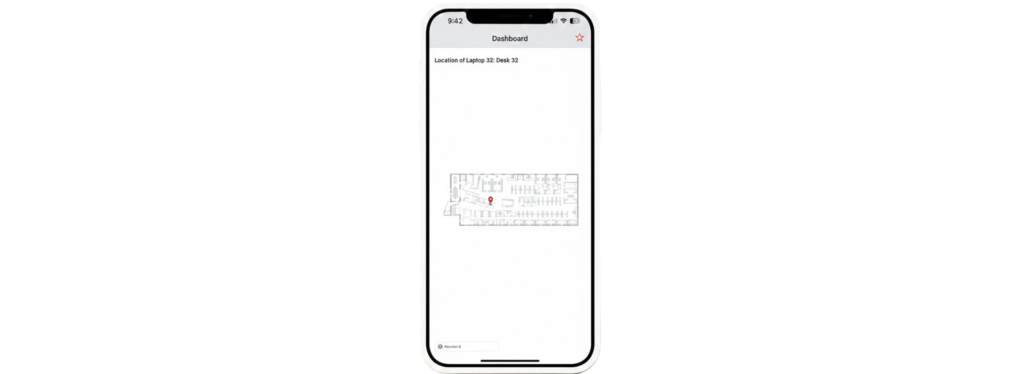 The OfficeSpace Assets mobile app showing a floor plan preview with an icon of the asset's location on the floor.