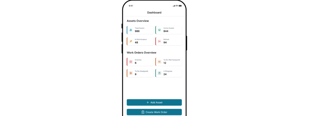 The OfficeSpace Assets mobile app showing an overview of an office's assets and work orders