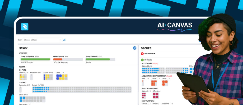 A woman in a plaid shirt cutout with a product image of AI Canvas, showcasing automatic re-stacking of block and stack plans behind her.