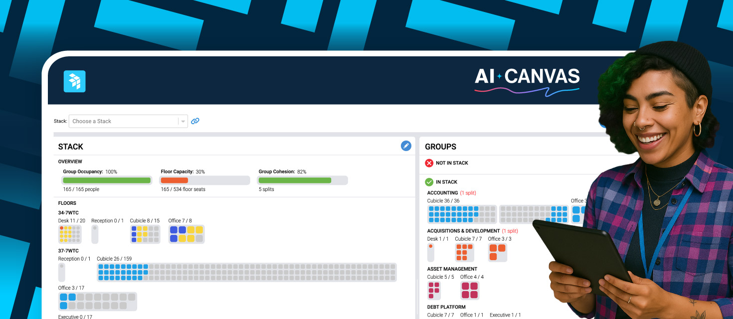 A woman in a plaid shirt cutout with a product image of AI Canvas, showcasing automatic re-stacking of block and stack plans behind her.