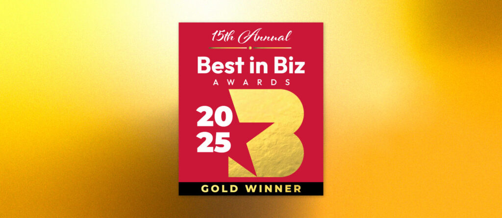 A gold and red banner that reads 15th annual Best in Biz, Gold Winner