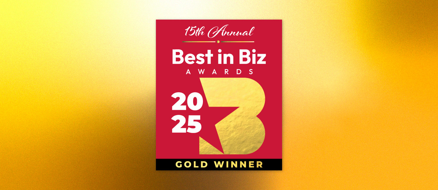 A gold and red banner that reads 15th annual Best in Biz, Gold Winner