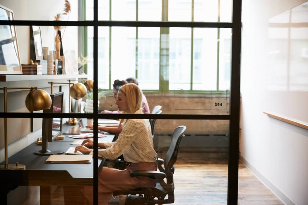 Colleagues working in an office booth