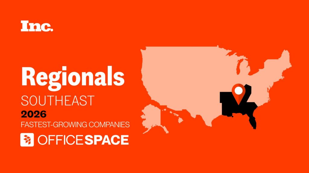 Inc. Regionals Southeast 2026 Fastest-Growing Companies award badge featuring OfficeSpace, with a US map highlighting the Southeast region in black with a location pin.