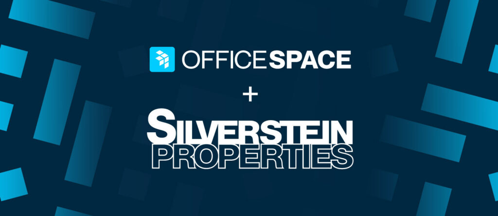 A graphic showing the OfficeSpace and Silverstein Properties logos with a plus sign between them, set against a dark blue background with light blue rectangular shapes.