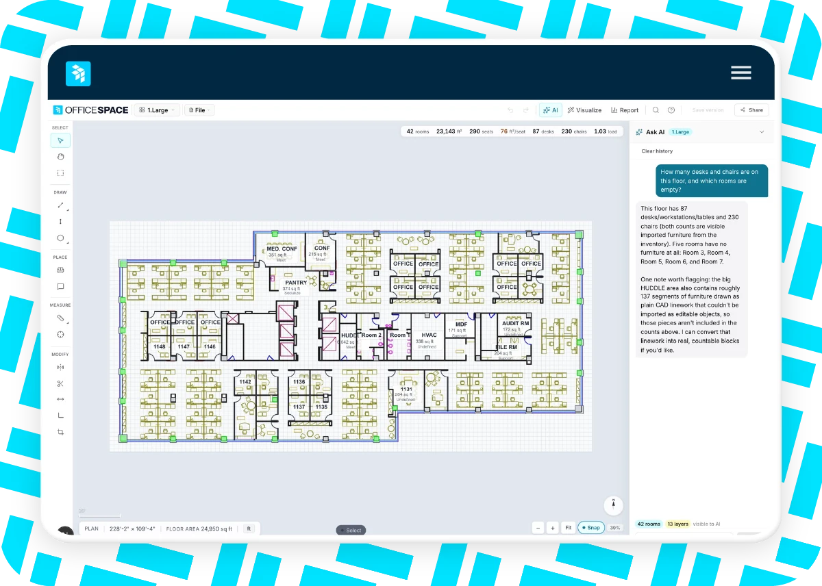 A digital floor plan of an intelligent workplace is displayed on a computer screen, showing labeled rooms, corridors, and office areas with green, purple, and blue outlines. The interface includes toolbars and a chat panel on the right.